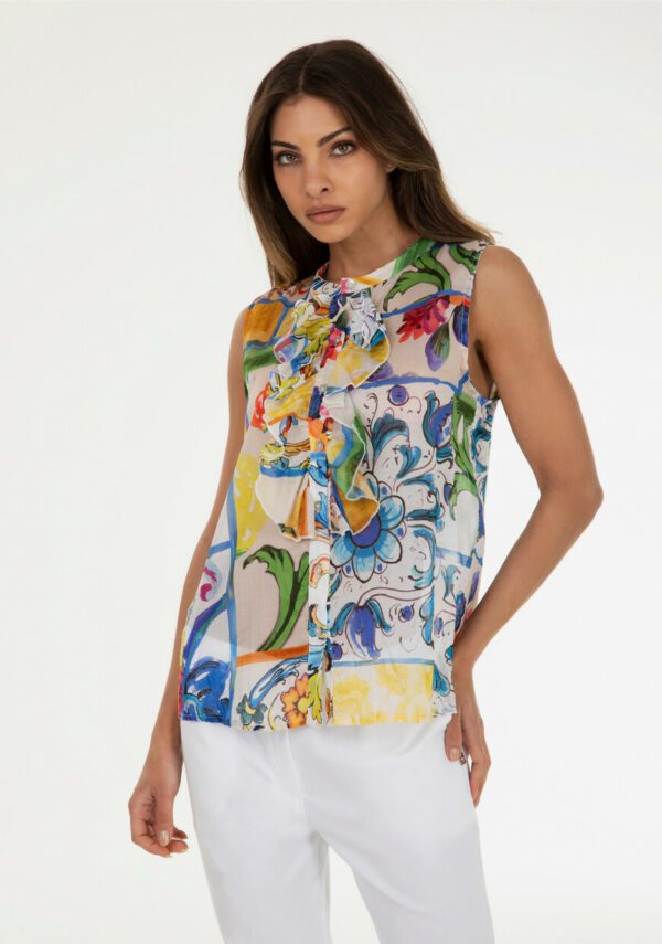 Camicia smanicata stampata con rouches