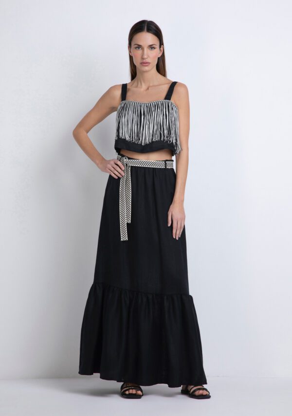 Top crop in lino con frangia