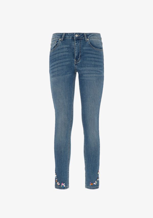 Jeans denim skinny con pietre