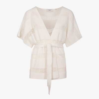 Cardigan kimono con cintura e riga macramè