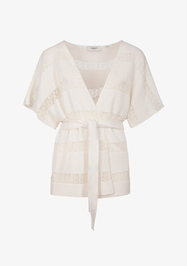 Cardigan kimono con cintura e riga macramè
