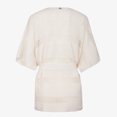 Cardigan kimono con cintura e riga macramè
