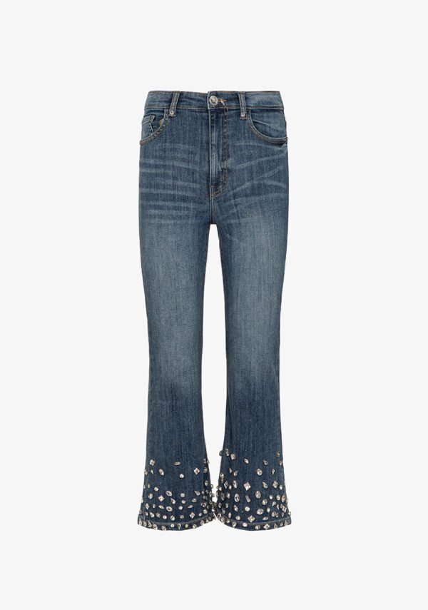 Jeans flare cropped con pietre
